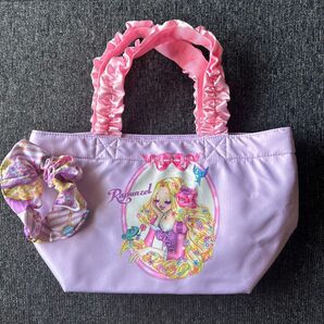 美品 ラプンツェル エコネコ シュシュ付き トートバッグ フリル 紫 ピンク トートバッグ ピンク ミニトートバッグ ランチバッグ