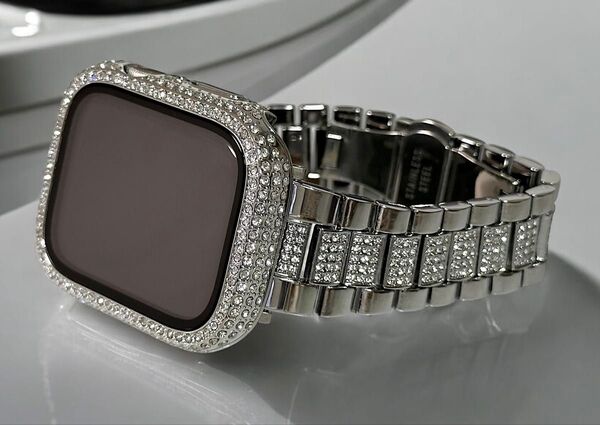 ssキラキラ★Apple Watchバンド ステンレスベルト アップルウォッチ パヴェglassカバー 画面保護ケース