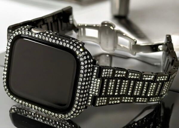 bf★Apple Watchバンド ステンレスベルト アップルウォッチ パヴェglassケース 画面保護カバー クリスタル