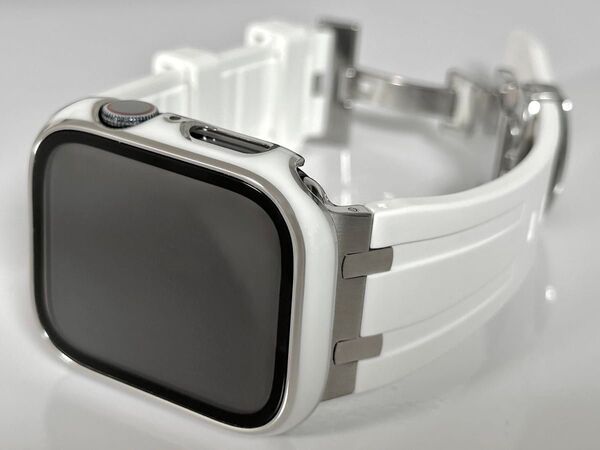 銀白☆アップルウォッチ ラバーベルト カバー 保護ケース Apple Watch バンド 40 41 44 45 46 49mm