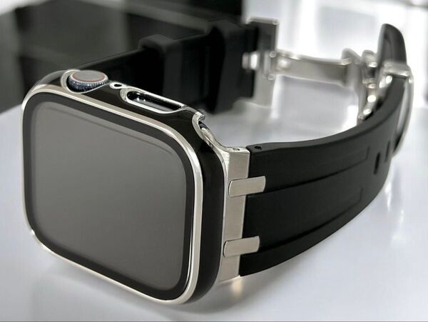 銀黒☆アップルウォッチ ラバーベルト カバー 保護ケース Apple Watch バンド 40 41 44 45 46 49mm