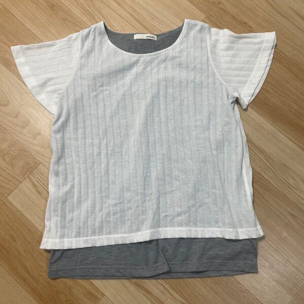 重ね着風レイヤードTシャツ カットソー ホワイト×グレー