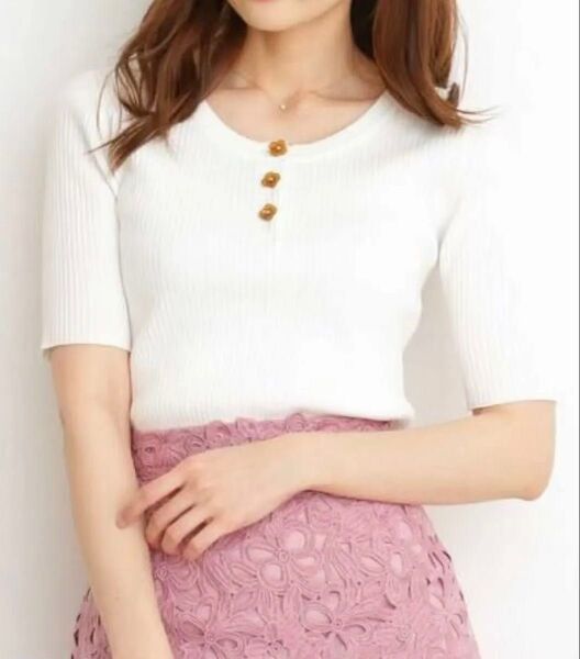 プロポーションボディドレッシングアンバーフラワー5部袖リブニット半袖 トップス カットソー Tシャツ