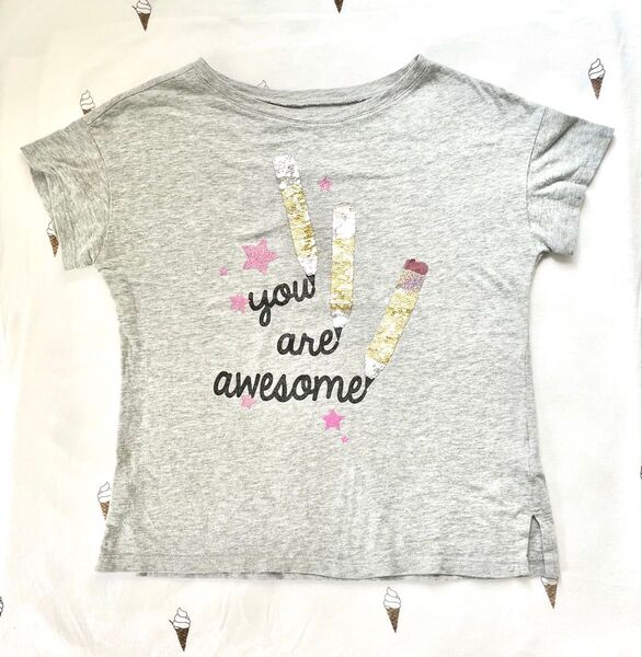 GAP ペンシル柄 スパンコール 半袖 Tシャツ グレー140㎝