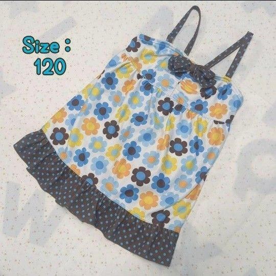 S2069★キッズ ワンピース水着(120)レトロフラワー柄 リボン フリル付き 女の子 TOPVALU イオン