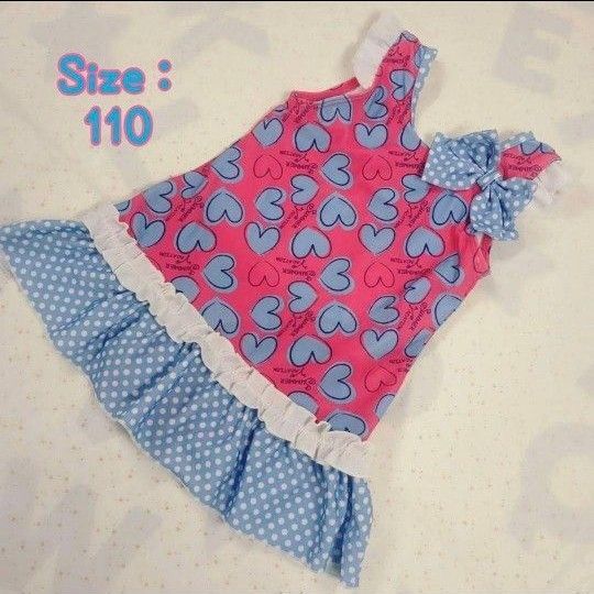 S2097★キッズ ワンピース水着(110)ハート柄 ピンク×水色 ドット柄リボン フリル付き アイドル系 女の子