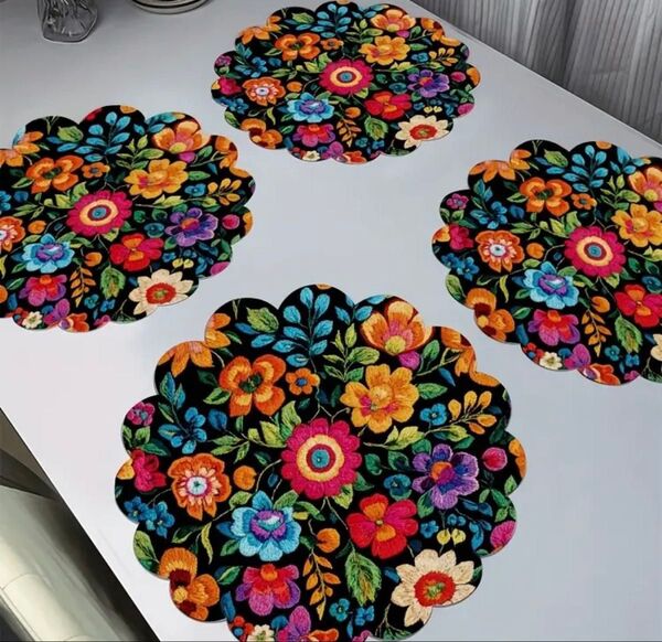 未使用 南米雑貨 メキシコ ランチョンマット 3Dプリント 2枚セット お花柄