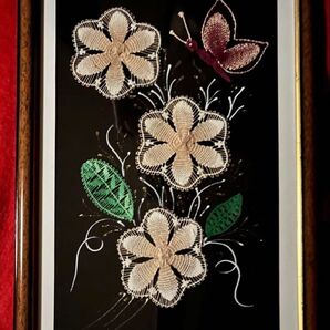 ニャンドゥティ伝説織 額縁入り お花と蝶 珍しい レース 刺繍