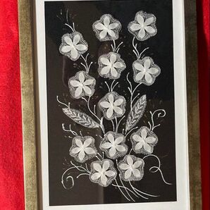 ニャンドゥティ伝説織 額縁入り12輪の白いお花 珍しい レース 刺繍