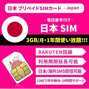 プリペイドSIM 3GB/月 1年間有効 | 電話番号付き・国内/海外受信可能 SMS認証ok | 楽天回線 5G/4G-LTE