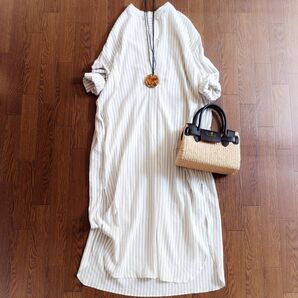極美品♪リエス Liesse コットンストライプ柄シャツワンピース グレー×白