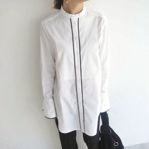 美品♪ セン Cen. バンドカラー ベルスリーブ パイピング ブラウス