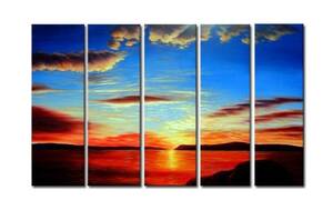 【受注制作】アートパネル 『海の夕焼け』 25x80cm、5枚組 夕日 海岸 肉筆, 絵画, 油彩, 自然、風景画