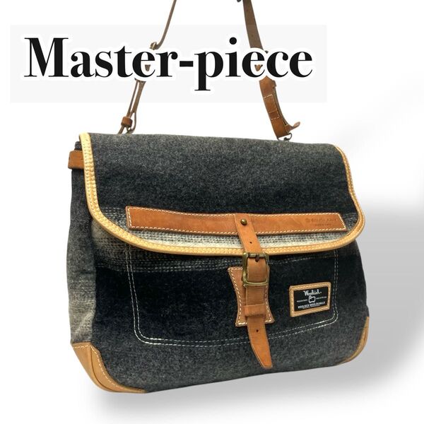 【美品】masterpiece マスターピース woolrichコラボ メッセンジャーバッグ ショルダーバッグ レザー ウール