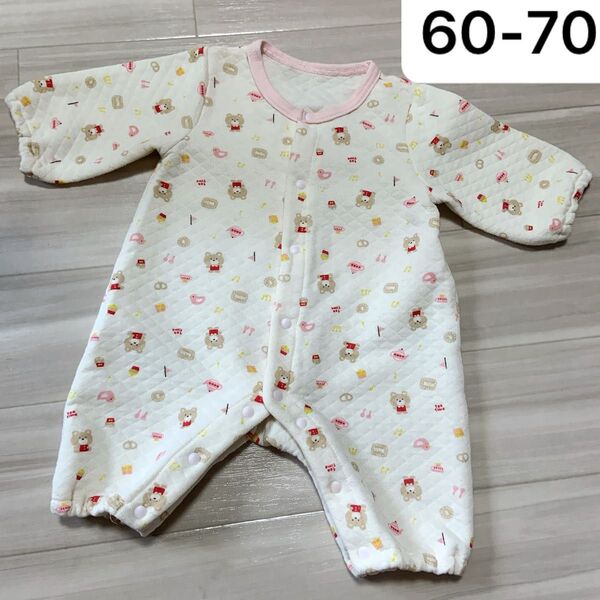 カバーオール 60-70 ロンパース 長袖 女の子 くま 春 秋 冬 白 ホワイト ベージュ ピンク ベア ベビー服