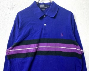 90's ポロ ラルフローレン 長袖 ライン入り ポロシャツ 青x紫 (M) ボーダー 90年代 旧タグ オールド POLO