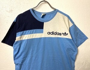70's 80's アディダス adidas 半袖 切替 ロゴプリント Tシャツ (S) 水色x紺 70年代 80年代 旧タグ オールド