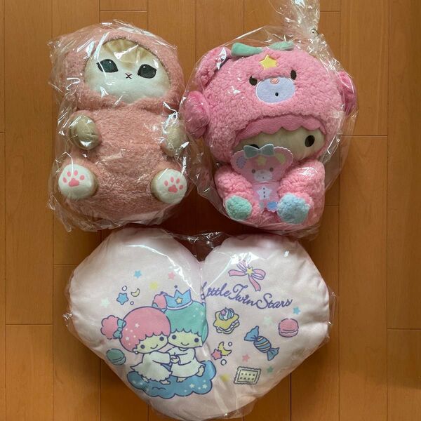 モフサンドパジャマにゃんBIGぬいぐるみ +ララぬいぐるみ大+ハート型クッション 3点セット
