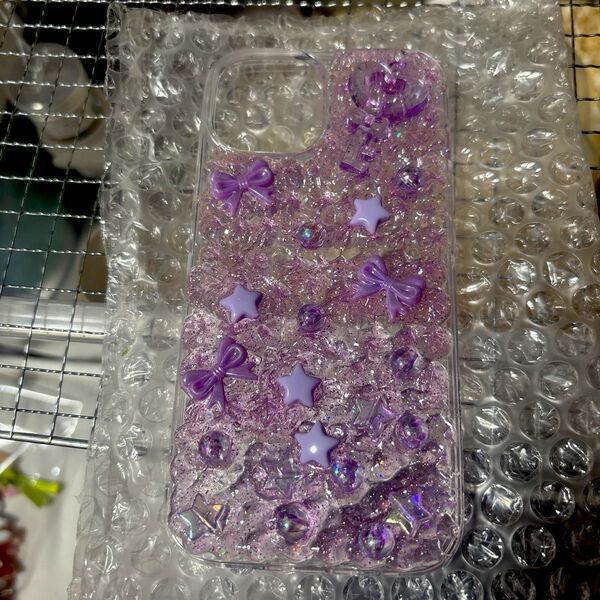 iPhoneケース ハンドメイド ホイップデコ ラメ リボン 星 パープル