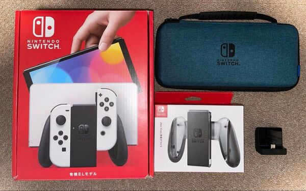 【美品】Nintendo Switch 有機ELモデル ホワイト + 純正Joy-Con充電グリップ+純正充電スタンド+収納ポーチ