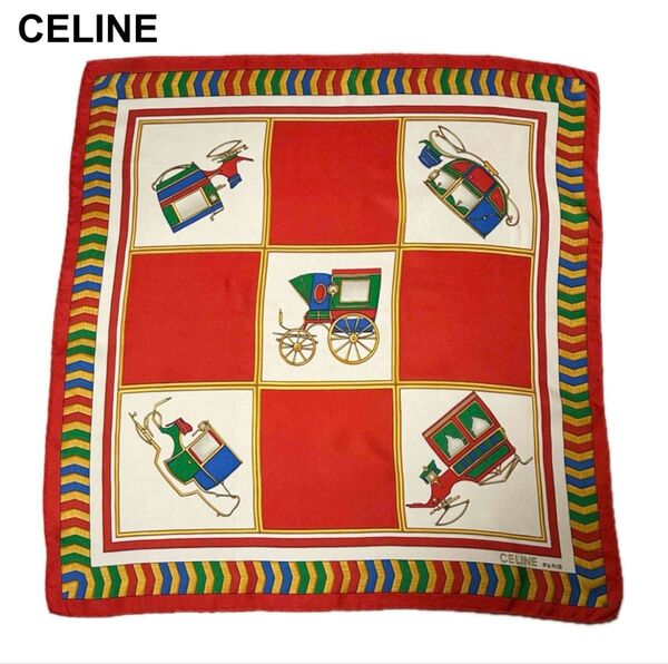 美品 CELINE セリーヌ シルク 馬車 大判スカーフ ストール イタリア製
