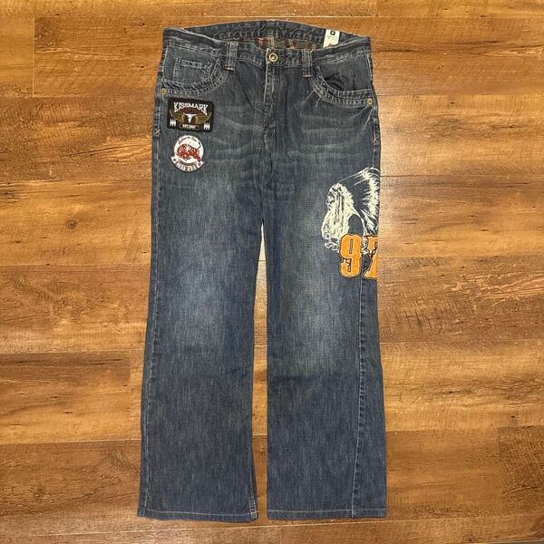 y2k kissmark ジーンズ 古着 ジーパン デニムパンツ リメイク プリント 刺繍 ワッペンデニム アメカジ系 濃紺 L