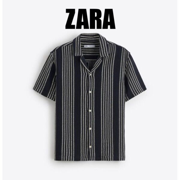 ZARA ストライプ テクスチャーシャツ 半袖シャツ ネイビー オープンカラー