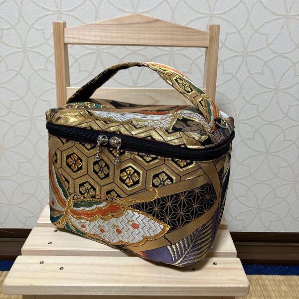 帯 リメイク バニティバッグ 持ち手リボンタイプ キラキラー蝶々