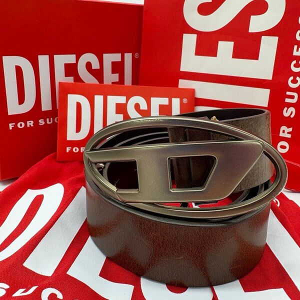 【現行】【付属品完備】DIESEL ディーゼル ベルト Dロゴ バックル ビッグロゴ ブラウン Y2K ゴールド レザー ブラウン