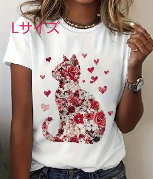 新品 花柄 猫プリント 半袖 Tシャツ レディース Lサイズ ホワイト