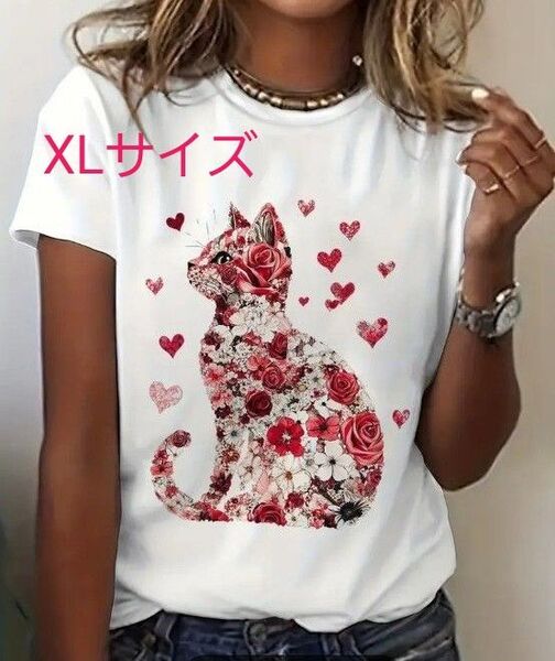 新品 レディース 半袖 ねこ柄 Tシャツ XL 猫柄ねこプリント 花柄・半袖Tシャツ・ネコ愛猫・レディース