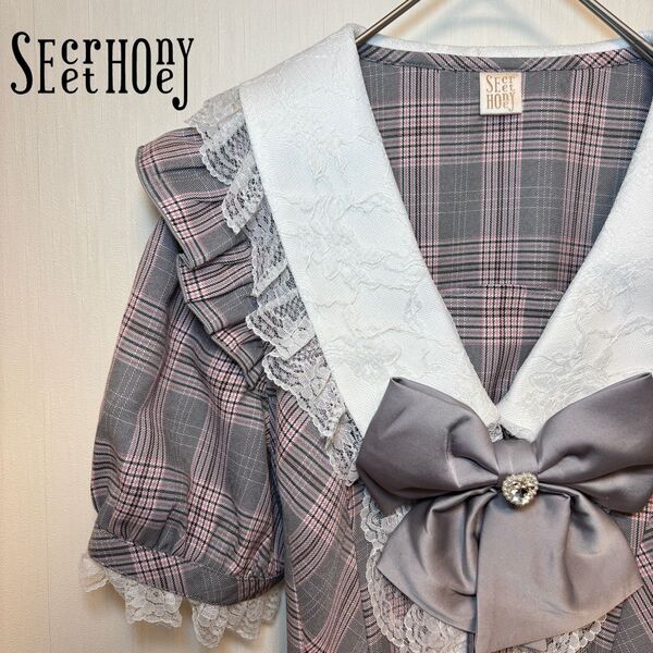 シークレットハニー 美品 レース & フリル 襟 半袖 セットアップ ピンク セット