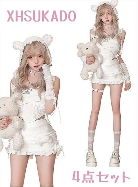 【4点セット】病みかわいい レディース ボトムス Y2K セットアップ リボン フリル 韓国風 ホワイト コスプレ