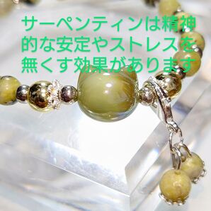 NO,1609 天然サーペンティン、イエローヘマタイト、グリーン猫ちゃん、サーペンティンのチャーム付きのブレスレット☆