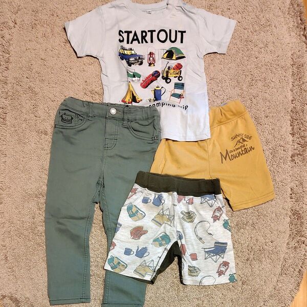 アウトドア キャンプ好きな方 90cm 上下セット 半袖Tシャツ ショートパンツ 長ズボン 4点セット
