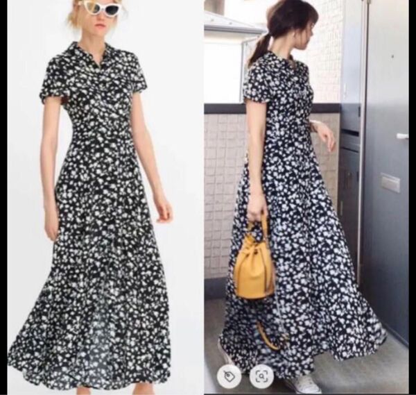 ZARA ザラ 花柄 ロング シャツワンピース マキシ丈 フレンチスリーブ XS 大人可愛い