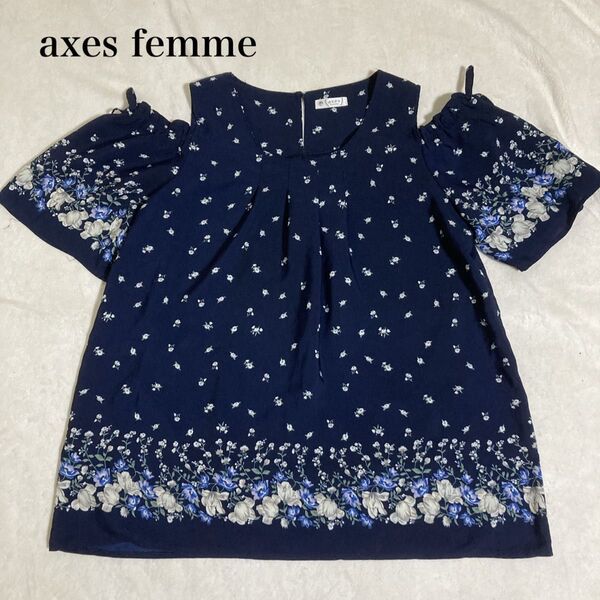 axes femme 花柄 肩出しカットソー ブラウス フラワー柄 チュニック 半袖 カットソー