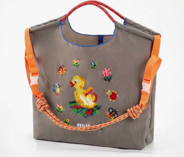 アヒル ナイロントートバッグ 刺繍 折りたたみ トートバッグ 軽量 ショッピングバッグ バッグ ショルダーバッグ