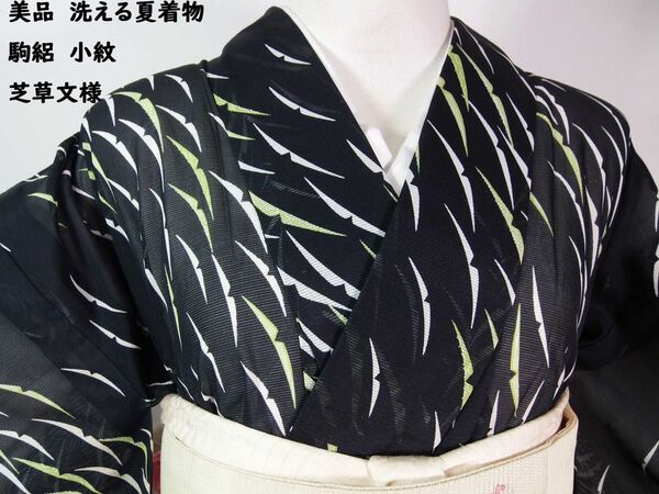 美品 洗える夏着物 駒絽 小紋 芝草文様 手縫い 黒色