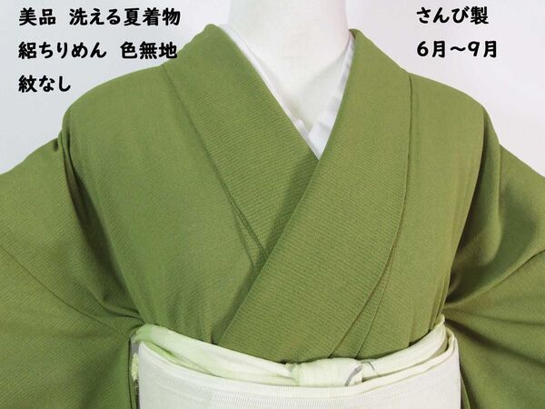 美品 洗える夏着物 さんび製 絽ちりめん 色無地 紋なし 6月〜9月 やや厚みある LL寸 エルムグリーン