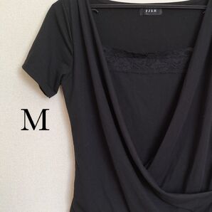 美品【FJER】ドレープデザイントップス レイヤード風 半袖カットソー/M