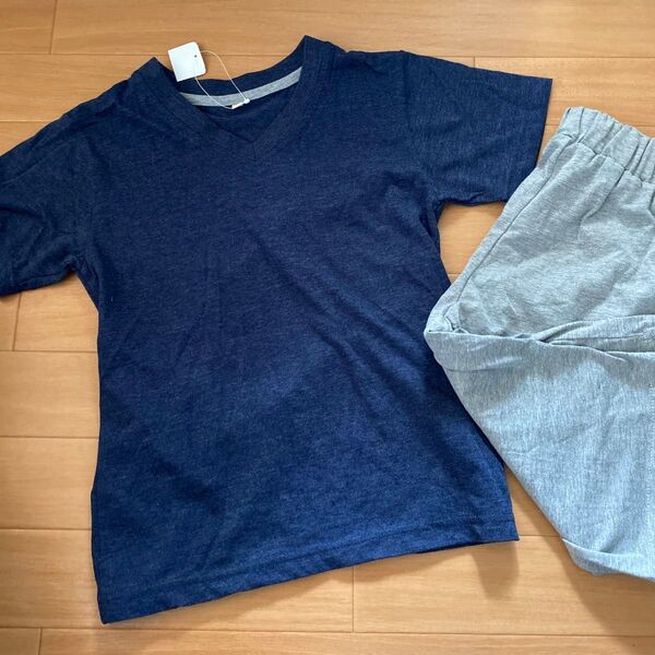 パジャマ ルームウェア 上下セット 130 ネイビー グレー 半袖 半ズボン Tシャツ 短パン ハーフパンツ セットアップ 運動