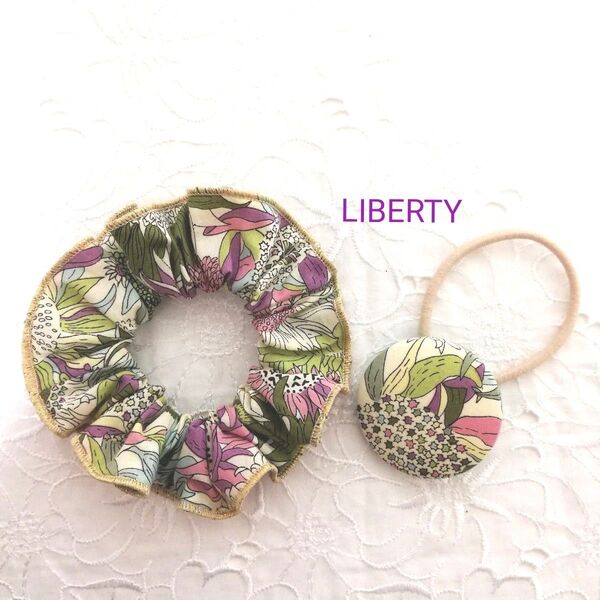LIBERTY タナローンのシュシュとくるみボタンゴム スモールスザンナ×ゴールドラメ