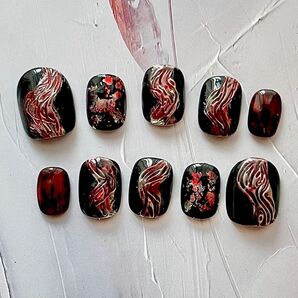 ネイルチップNo.11 メンズネイルチップ 個性派 ブラック 赤 シルバー ミラー