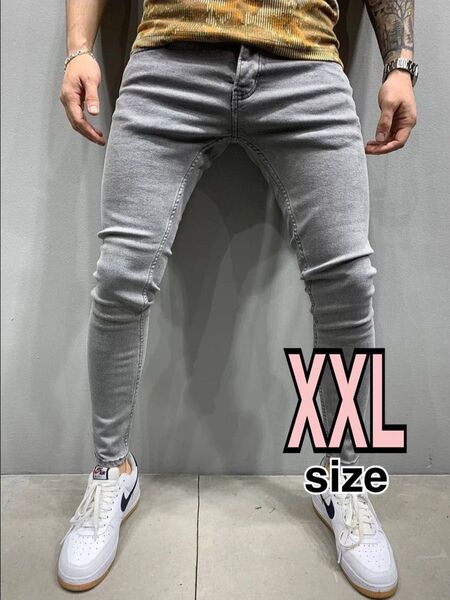 新品 未使用 スキニー デニム XXL 3L グレー ボトムス ジーパン ストレッチ パンツ メンズ
