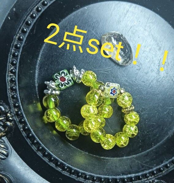 天然石リング 指輪 パワーストーン クラック水晶 ミルフィオリ 開運 お守り 厄除け 2点set フリーサイズリング