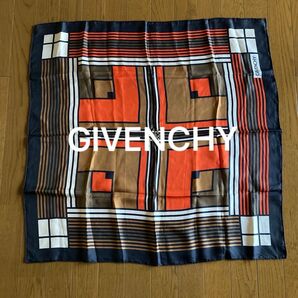ジバンシー GIVENCHY シルクスカーフ 茶xオレンジx黒系 76x75cm 中古 シミあり