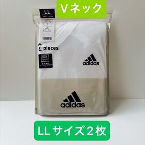 adidasアディダVネックTシャツ メンズ LLサイズ 2枚組 ホワイト 未開封 インナーにも 綿混 グンゼ
