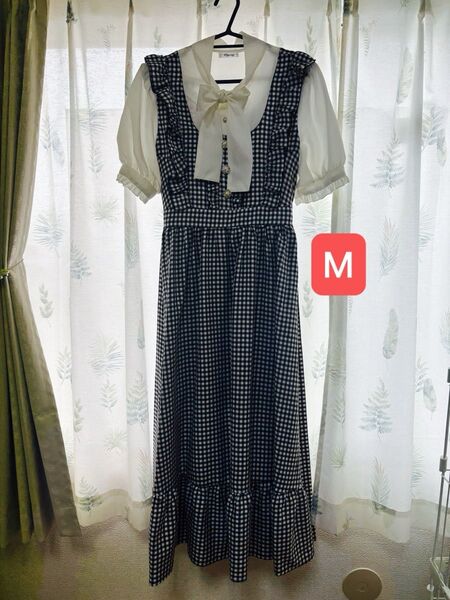 半袖フリルワンピース ギンガムチェック アベイルmajoretty 夢系 Mサイズ 紐タイ しまむら ロングスカート 重ね着風