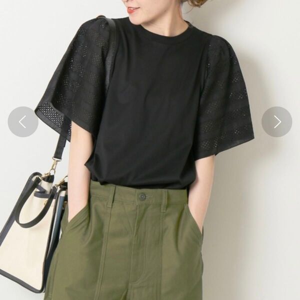 美品 Spick&Span ローンレースコンビプルオーバー 黒 レース 半袖 ブラック 半袖ブラウス